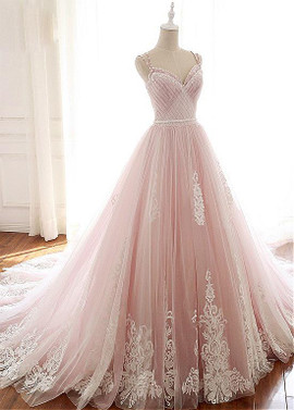 Tulle Spaghetti Straps 3D Flowers Pink A-line Wedding Dress