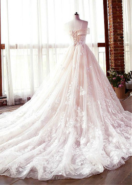 Tulle & Lace Off-the-shoulder Champagne A-line Wedding Dress