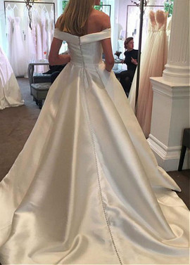  Satin Off-the-shoulder Belt & Pockets A-line Wedding Dress