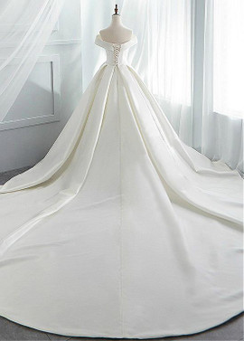 Satin Off-the-shoulder Lace Up A-line Wedding Dresses With Belt