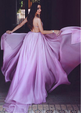 Beading Purple Organza One Shoulder A-line Evening Dress