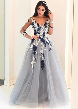 Tulle V-neck Grey Appliques Floor-length A-line Prom Dress