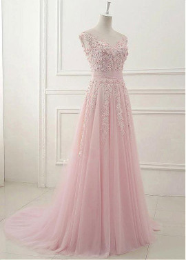 Pink 3D Flowers Jewel Neckline A-line Wedding Dress