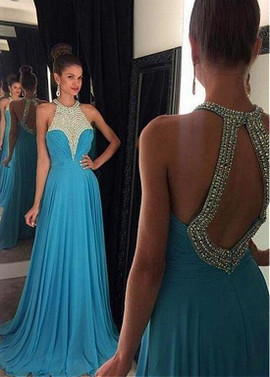 Chiffon Jewel Blue A-line Evening Dress With Beadings