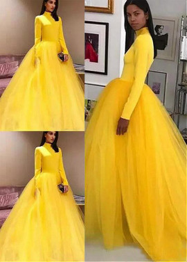 Yellow Tulle & Satin High Collar Floor-length Ball Gown Evening Dress