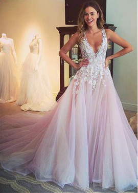 Tulle V-neck Neckline Pink  Wedding Dress With Lace Appliques