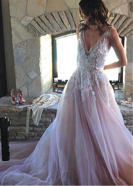 Tulle V-neck Neckline Pink  Wedding Dress With Lace Appliques