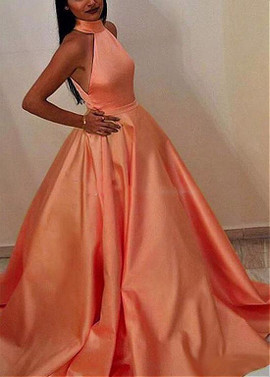  Satin High Collar Orange A-line Evening Dresses With Belt