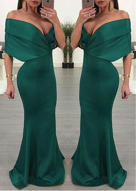 Satin Off-the-shoulder Navy Blue Mermaid Evening Dress