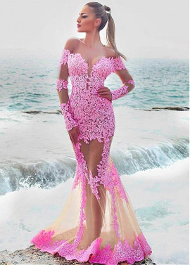 Tulle Off-the-shoulder Orchid Long Sleeves Mermaid Evening Dress