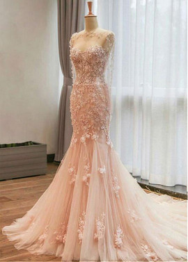 Champagne Tulle Jewel Neckline Mermaid  3D Flowers Wedding Dress