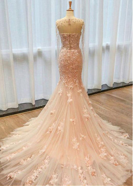 Champagne Tulle Jewel Neckline Mermaid  3D Flowers Wedding Dress