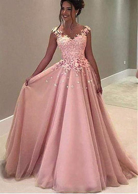 Pink Tulle V-neck Appliques Floor-length A-line Prom Dress