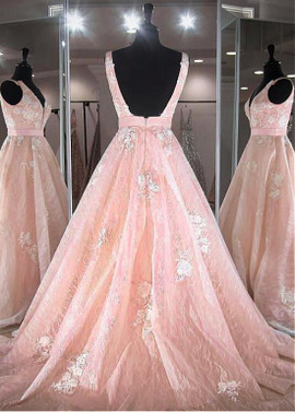  Tulle V-neck Pink  Lace Appliques & Belt A-line Prom Dress With 