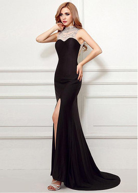  Spandex & Tulle High Collar Black Mermaid Evening Dress With Slit