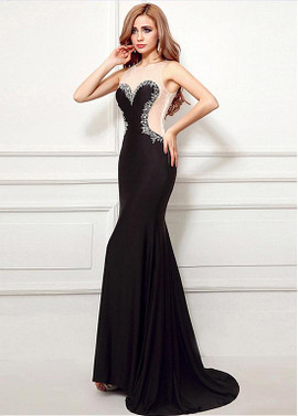 Spandex Jewel Sheer Back Black  Mermaid Evening Dress