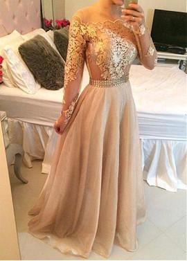 Beading Belt Tulle & Organza Jewel Champagne A-line Prom Dress