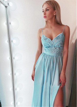 Sexy Tulle & Chiffon Spaghetti Straps Blue Beading  A-line Prom Dress