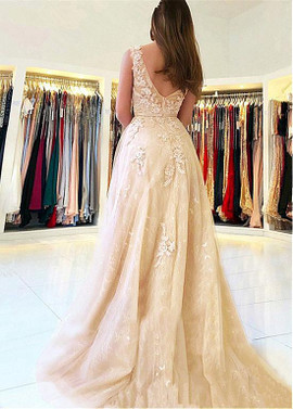 Tulle V-neck Beading Champagne  Belt A-line Prom Dress