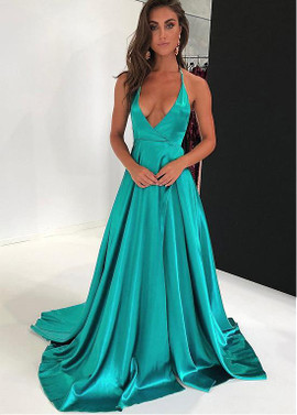 Aqua Stretch Charmeuse Satin Halter A-line Evening Dress With Slit