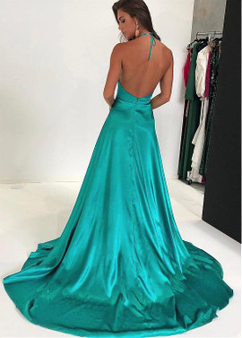 Aqua Stretch Charmeuse Satin Halter A-line Evening Dress With Slit