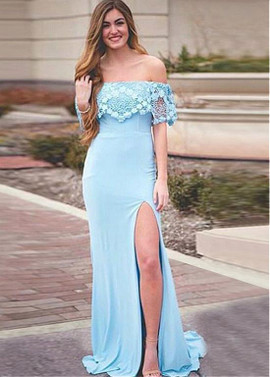  Spandex Off-the-shoulder Blue Mermaid Evening Dress With Slit