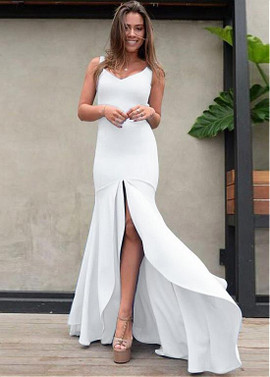  Spandex V-neck White Mermaid Evening Dress With Slit