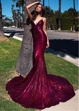  Sequin Lace Spaghetti Straps Burgundy  Mermaid Evening Dress