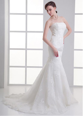  Simple Tulle Strapless  Mermaid Wedding Dress With Bead