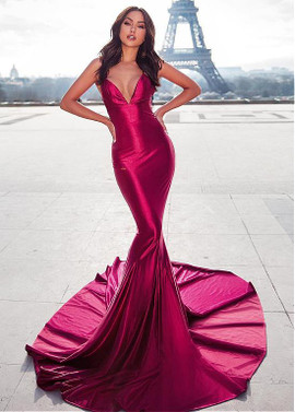 Spandex Spaghetti Straps Long Burgundy Mermaid Prom Evening Dress