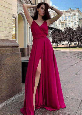 Satin Chiffon Spaghetti Straps Red A-line Evening Dress With Belt