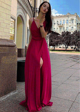 Satin Chiffon Spaghetti Straps Red A-line Evening Dress With Belt