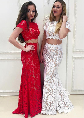 Short Sleeve Lace Jewel Red Two Piece Mermaid Evening Dress