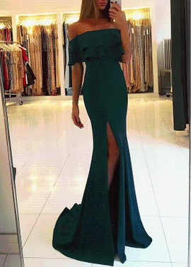 Satin Off-the-shoulder Dark Green Mermaid Evening Dress With Slit