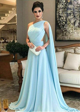  Chiffon One Shoulder Blue  Floor-length A-line Evening Dress