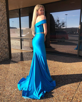 Mermaid Two Piece Blue Satin Off The Shoulder Prom Dress