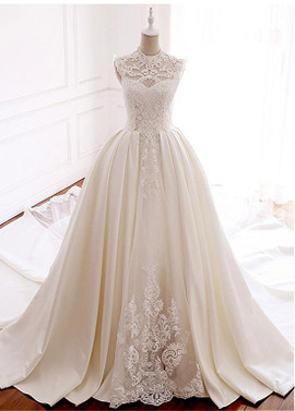  Satin Illusion High Collar Beadings Ball Gown Wedding Dress 