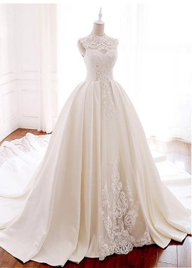  Satin Illusion High Collar Beadings Ball Gown Wedding Dress 