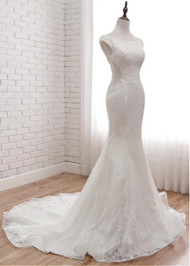 Lace Appliques Bateau Neckline Mermaid Wedding Dress