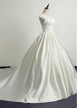 Satin & Lace Jewel Beaded Lace Appliques A-line Wedding Dress