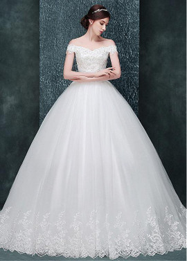 Tulle Off-the-shoulder Beading Appliques  Ball Gown Wedding Dress
