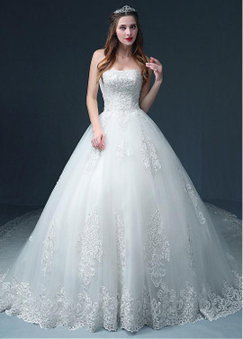  Appliques Tulle Strapless Beading Ball Gown Wedding Dress 