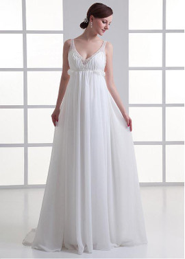 Simple Beading Chiffon V-neck Neckline A-line Wedding Dress 