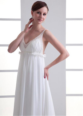 Simple Beading Chiffon V-neck Neckline A-line Wedding Dress 