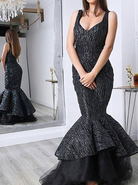 Straps Mermaid Sleeveless Shiny Black Satin Sequin Prom Dress