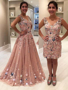 Flower Blush Pink Tulle Beading Applique Two Piece Prom Dress