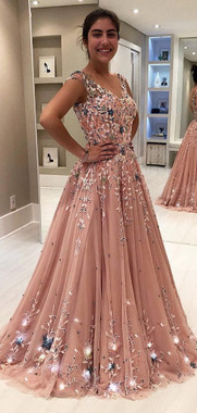 Flower Blush Pink Tulle Beading Applique Two Piece Prom Dress