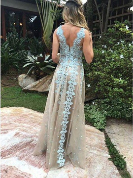 Backless Tulle Blue Applique A-Line Sleeveless Prom Dress