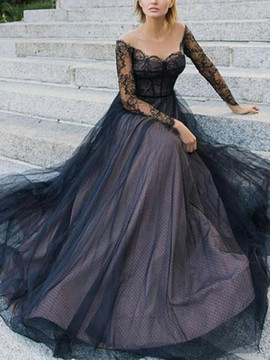 Off Shoulder Lace Up Back Black Lace Long Sleeve Prom Dress