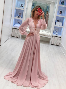 Applique A-Line Pink Chiffon Long Sleeve Prom Dress